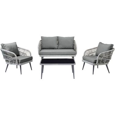 Riviera Rope Wicker 4-Piece 4 Seater Patio Conversation Set With Cushions In Grey