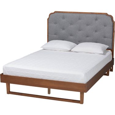 Roald Wood King Platform Bed In Grey Fabric and Walnut Brown