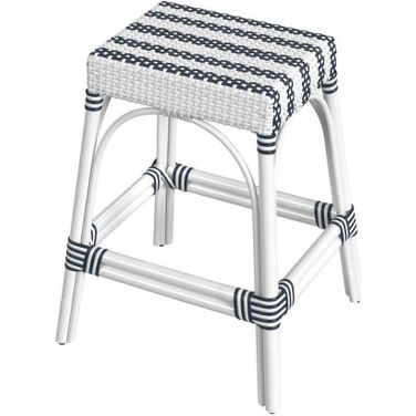 Robias 24.5 Inch Rectangular Rattan Counter Stool In Blue And White