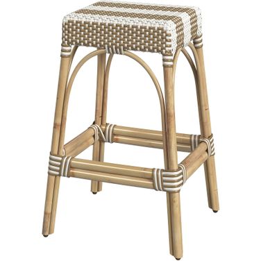 Robias Rectangular Rattan 30 Inch Bar Stool In Tan and White Stripe