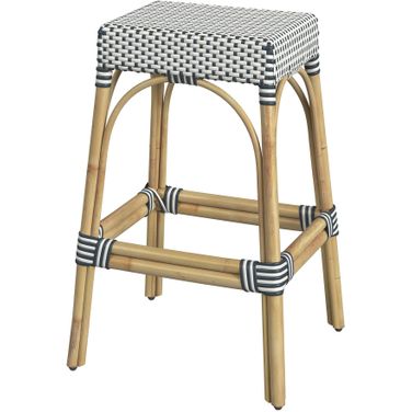 Robias Rectangular Rattan 30 Inch Bar Stool In White and Navy Stripe