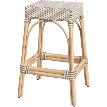 Robias Rectangular Rattan 30 Inch Bar Stool In White and Tan Dot