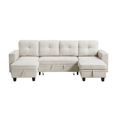 Robinson Sectional with Two Chaises, Pull-out Bed, Shelves and Charging Ports In Beige