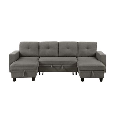 Robinson Sectional with Two Chaises, Pull-out Bed, Shelves and Charging Ports In Brown