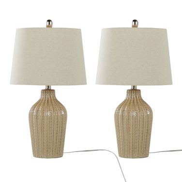 Rockwell 23 Inch Linen Shade Ceramic Table Lamp Set of 2 In Cuban Sand and Polished Nickel