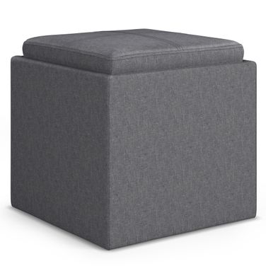 Rockwood Linen Look Fabric Cube Storage Ottoman with Tray In Slate Grey