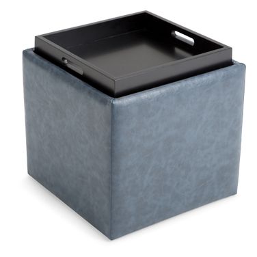 Rockwood Vegan Faux Leather Cube Storage Ottoman with Tray In Denim Blue