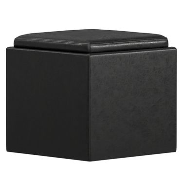 Rockwood Vegan Faux Leather Cube Storage Ottoman with Tray In Distressed Black