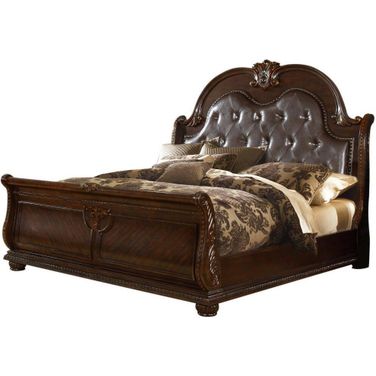 Roma King Size Traditional Upholstered Bed Made With Wood In Dark Walnut