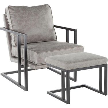 Roman Industrial Lounge Chair And Ottoman In Black Metal And Grey Faux Leather