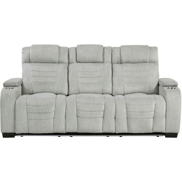 Ronan Double Reclining Sofa with Center Drop-Down Cup Holders and Storage Arms In Gray