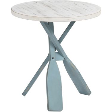 Round Fir Wood Coastal Paddle Leg Accent Table In Blue and White