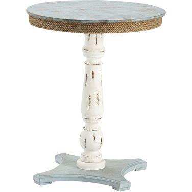 Round Fir Wood Coastal Style Accent Table In Blue and White