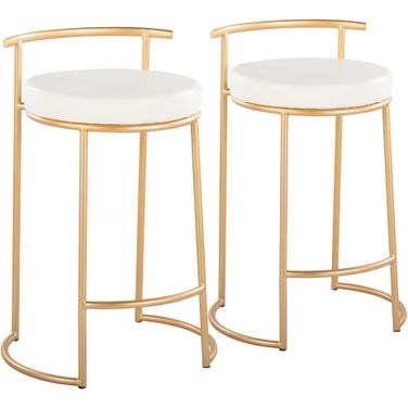 Round Fuji 26 Inch Fixed Height Counter Stool Set of 2 In White and Gold