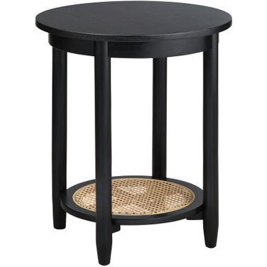 Round Mindi Wood and Rattan Accent Table In Black and Tan