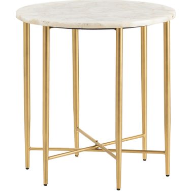 Round Travertine End Table In Gold and White