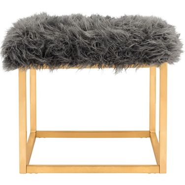 Rowan Contemporary Glam Faux Sheepkin Square Ottoman in Grey and Gold