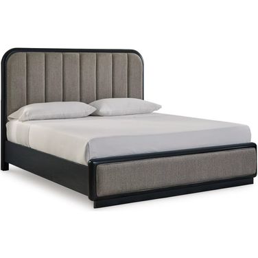 Rowanbeck King Upholstered Panel Bed In Black and Gray