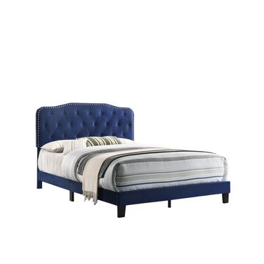 Roy Queen Upholstered Panel Bed In Navy Blue Velvet