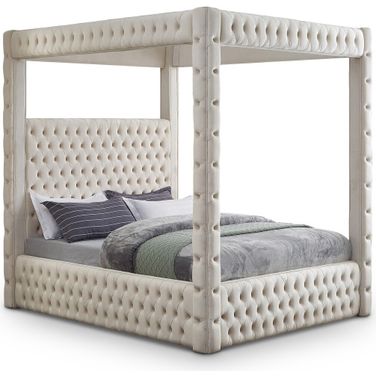 Royal Beige Velvet Queen Bed In Cream