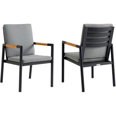 Royal Black Aluminum and Teak Outdoor Dining Chair Set of 2 with Dark Gray Fabric