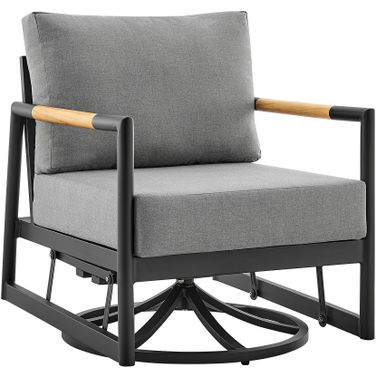 Royal Outdoor Patio Swivel Glider Lounge Chair In Black Aluminum and Teak Wood with Cushions