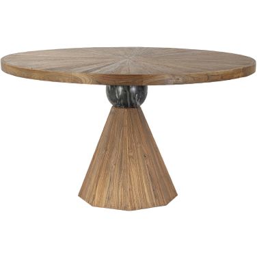 Rustic Revival Dining Table Natural Teak Wood with Black Marble Pedestal In Gray