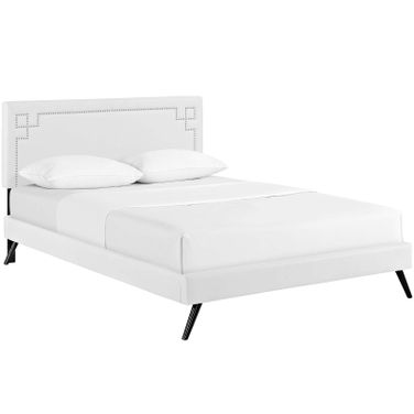 Ruthie White Queen Vinyl Platform Bed with Round Splayed Legs