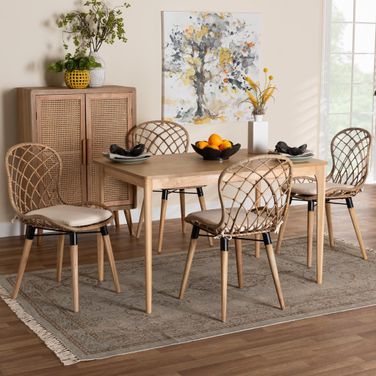 Sabelle Rattan and Wood 5 Piece Dining Set In Grey and Natural Brown