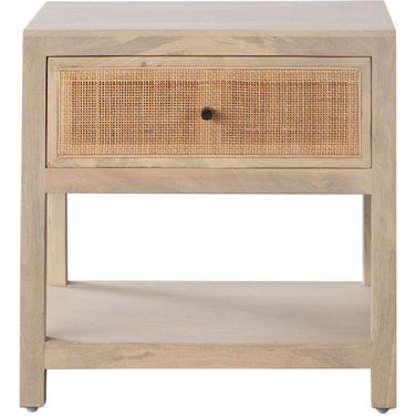 Sadler 1-Drawer Solid Mango Wood Accent Table In Natural Finish with Cane Door Fronts