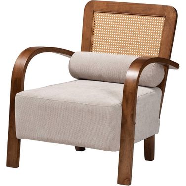 Sage Fabric and Wood Arm Chair In Light Grey and Walnut Brown