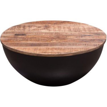 Salem Round Drum Storage Cocktail Table with Natural Mango Wood Top and Metal Base