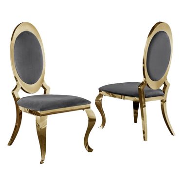 Sally Classy Round Back Side Chairs Set of 2 In Dark Gray Velvet and Gold Legs