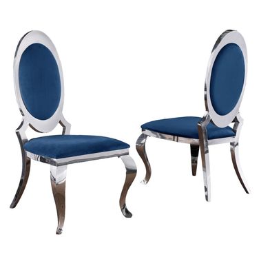 Sally Classy Round Back Side Chairs Set of 2 In Navy Blue Velvet and Silver Legs