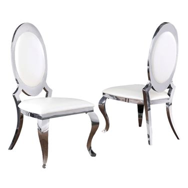 Sally Classy Round Back Side Chairs Set of 2 In White Faux Leather and Silver Legs