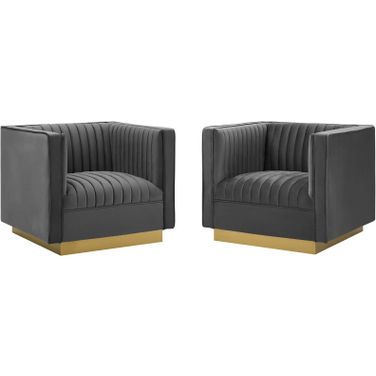 Sanguine Gray Vertical Channel Tufted Upholstered Performance Velvet Arm Chair Set of 2