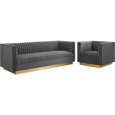 Sanguine Gray Vertical Channel Tufted Upholstered Performance Velvet Sofa and Arm Chair Set