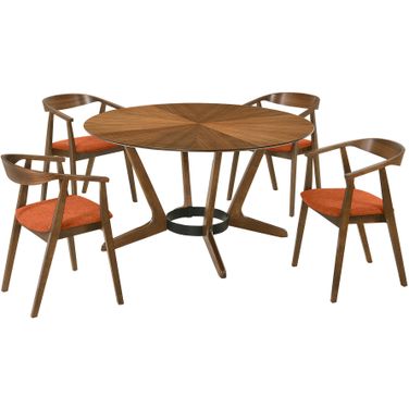 Santana 5 Piece Round Wood Dining Set In Walnut/Orange