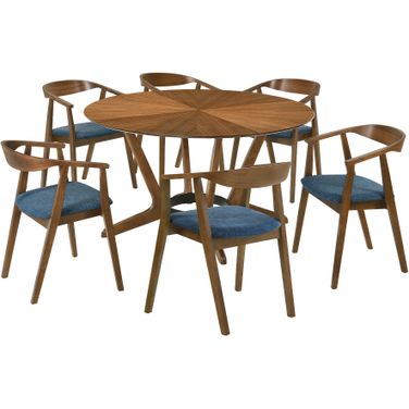 Santana 7 Piece Round Wood Dining Set In Walnut/Blue