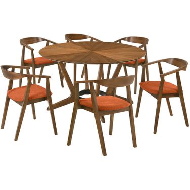 Santana 7 Piece Round Wood Dining Set In Walnut/Orange
