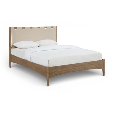 Santos Vegan Leather Headboard and Wood Queen Bed In Beige