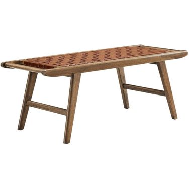 Saoirse 47 Inch Faux Leather Wood Bench In Walnut Brown