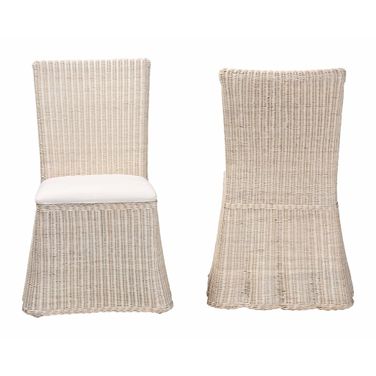 Sara Handwoven Wicker Natural Rattan Dining Chair with Scalloped Skirt Base Set of 2 In White Wash