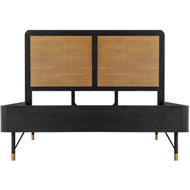 Saratoga Queen Platform Frame Bed In Black Acacia with Rattan Headboard