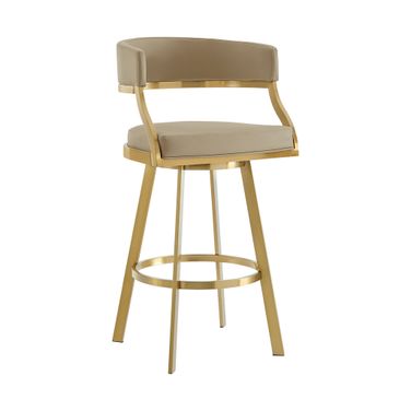 Saturn 30 Inch Swivel Barstool with Gold Brushed Stainless Steel and Light Sand Faux Leather