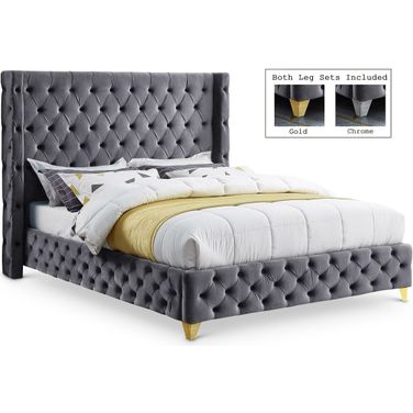 Savan Velvet King Bed In Grey