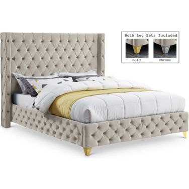 Savan Velvet Queen Bed In Cream