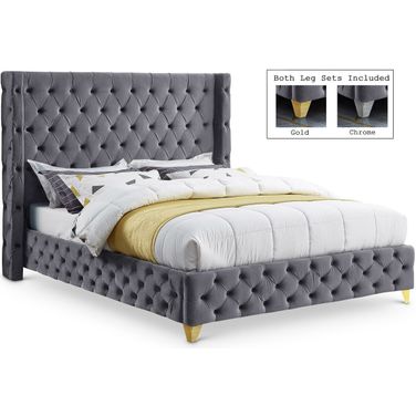 Savan Velvet Queen Bed In Grey