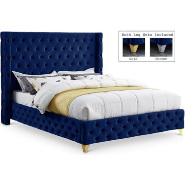 Savan Velvet Queen Bed In Navy