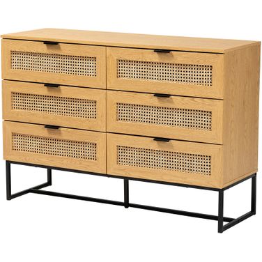 Sawyer Wood and Metal 6 Drawer Storage Cabinet with Natural Rattan In Oak Brown and Black